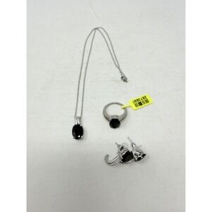 Shop LC Thai‎ Black Spinel J-Hoop Earrings/Size 8 Ring/Pendant Necklace Set 5609